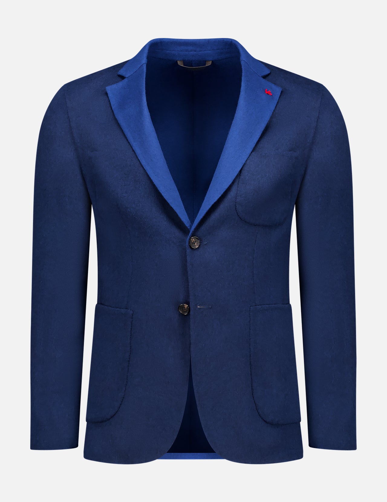 The Capri Jacket by ISAIA is a single-breasted, dark blue sportcoat with patch pockets, notched lapels, and two buttons. Made in Italy from a wool-cashmere blend, it features bright blue accents and a small red detail on the left lapel.