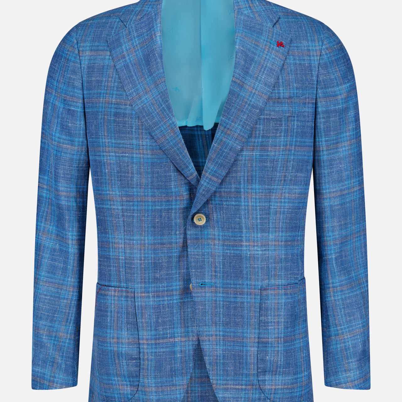 The ISAIA Check Light Summer Hopsack Sportcoat, a single-breasted men's plaid blazer with notched lapels, two buttons, and lower front pockets, is shown against a white background. Its light blue lining adds refinement to this Italian-made piece.