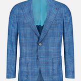 The ISAIA Check Light Summer Hopsack Sportcoat, a single-breasted men's plaid blazer with notched lapels, two buttons, and lower front pockets, is shown against a white background. Its light blue lining adds refinement to this Italian-made piece.