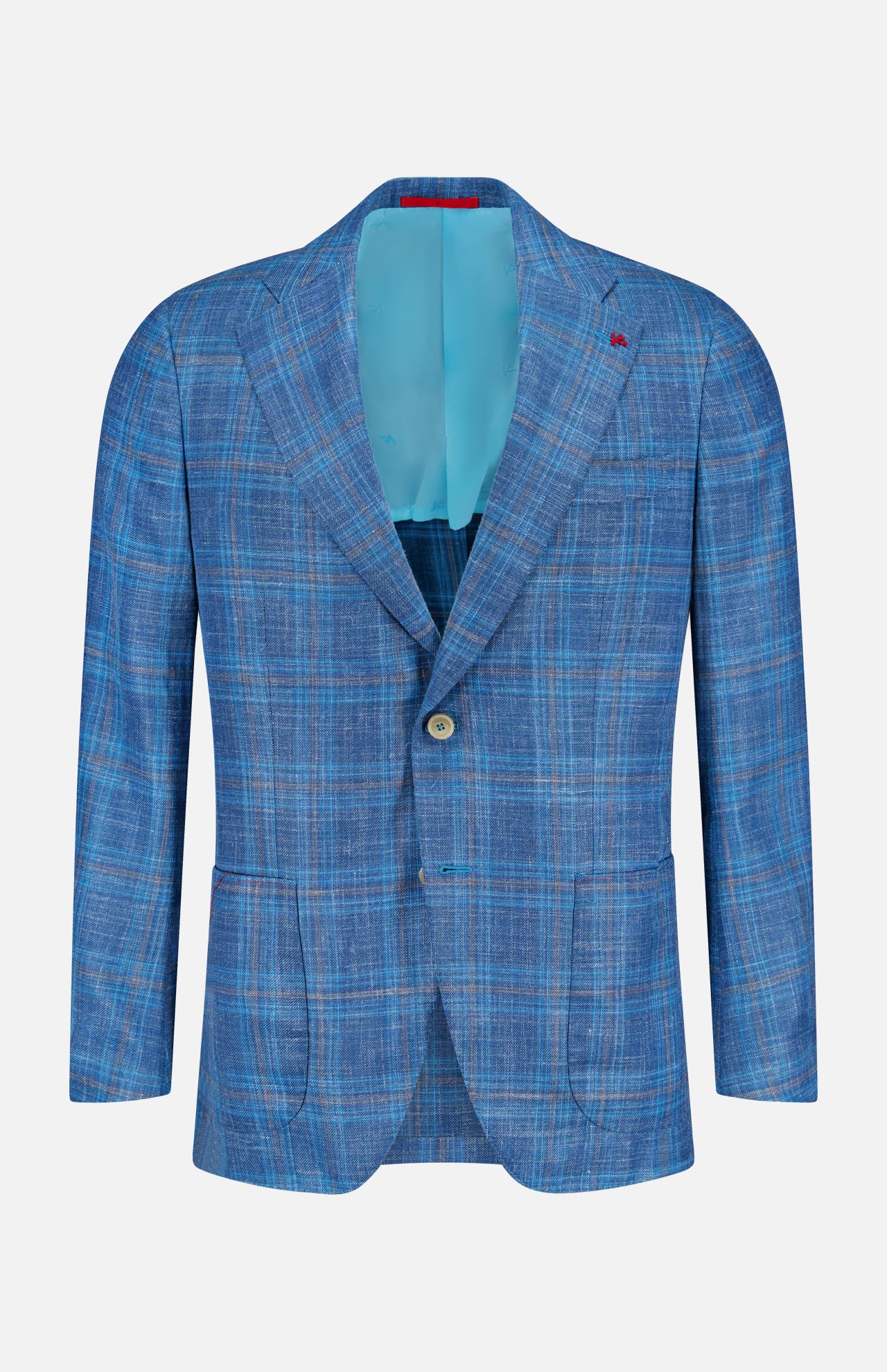 The ISAIA Check Light Summer Hopsack Sportcoat, a single-breasted men's plaid blazer with notched lapels, two buttons, and lower front pockets, is shown against a white background. Its light blue lining adds refinement to this Italian-made piece.