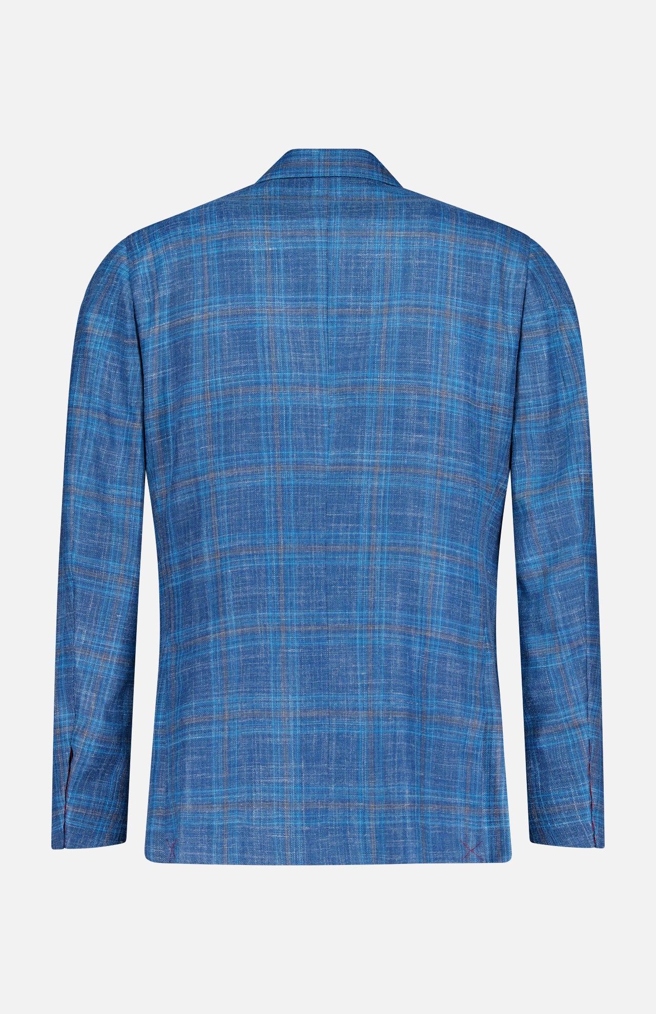 The ISAIA Check Light Summer Hopsack Sportcoat for men, shown from the back in blue with a subtle checkered pattern and long sleeves, stands out against a plain white background.