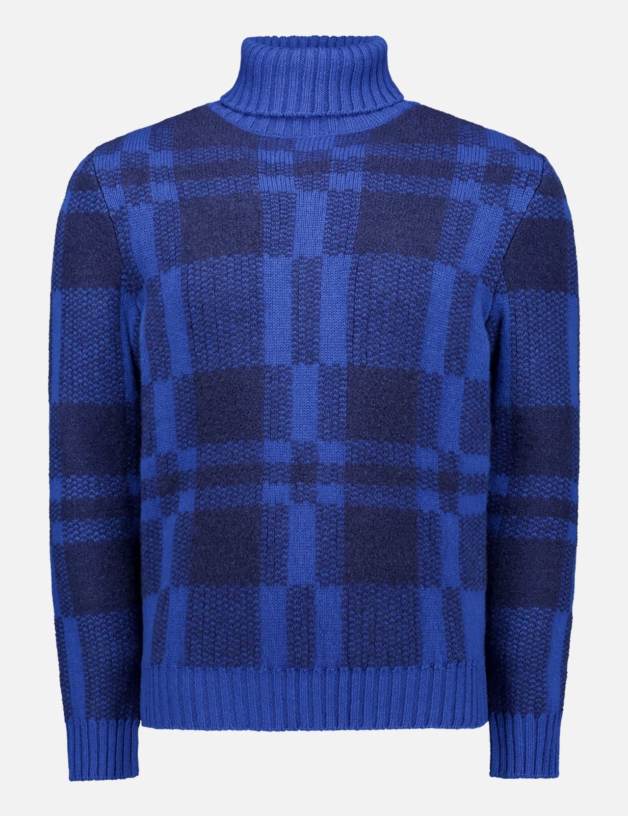 The ISAIA Coarsehair 2/11 Roll Neck Sweater showcases a textured plaid design in various blue hues with ribbed cuffs, hem, and collar, presented against a plain light background.