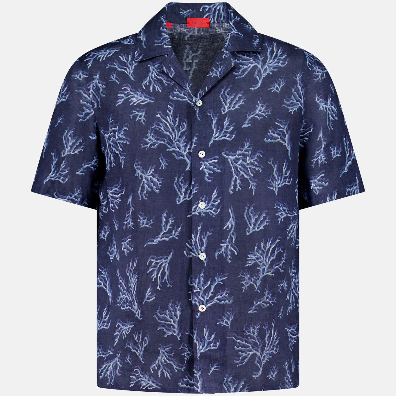The ISAIA Corallina Print Camp Shirt, featuring short sleeves, a classic collar, and a light blue coral print on navy fabric, is displayed against a plain light background.