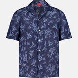 The ISAIA Corallina Print Camp Shirt, featuring short sleeves, a classic collar, and a light blue coral print on navy fabric, is displayed against a plain light background.