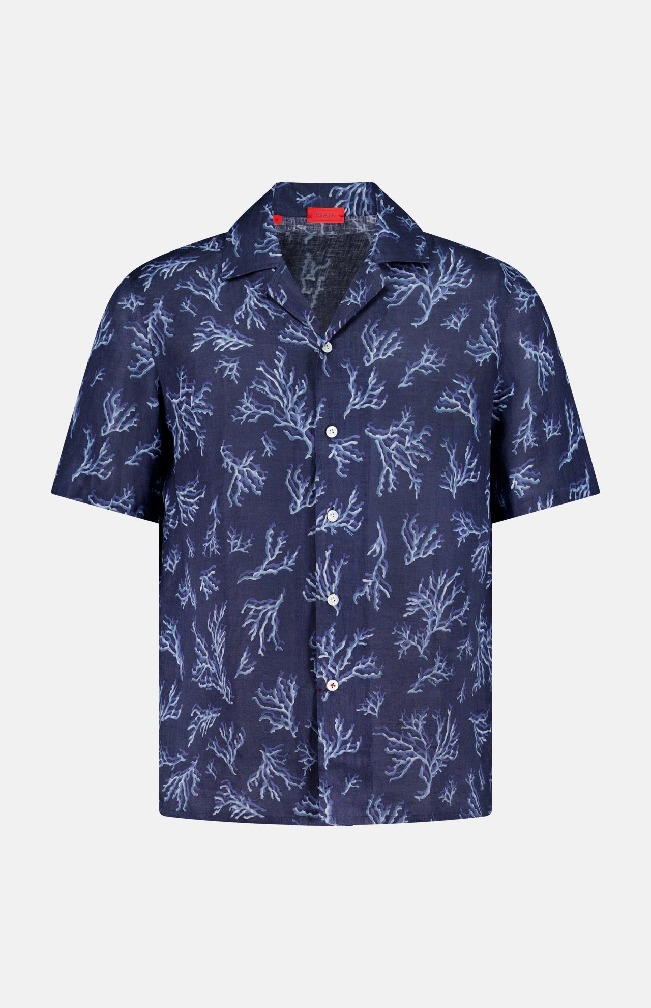 The ISAIA Corallina Print Camp Shirt, featuring short sleeves, a classic collar, and a light blue coral print on navy fabric, is displayed against a plain light background.