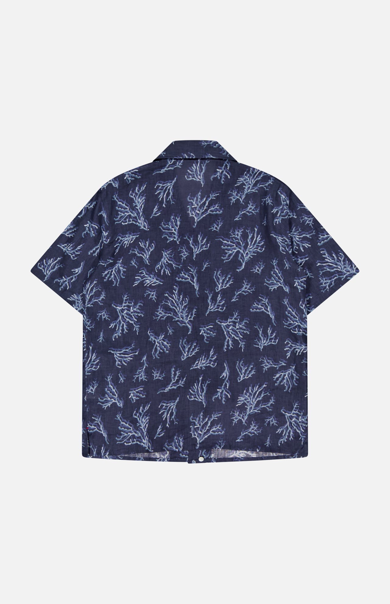 The ISAIA Corallina Print Camp Shirt features a navy blue short-sleeve design with a light blue coral reef pattern, shown flat with the back facing up on a plain white background.