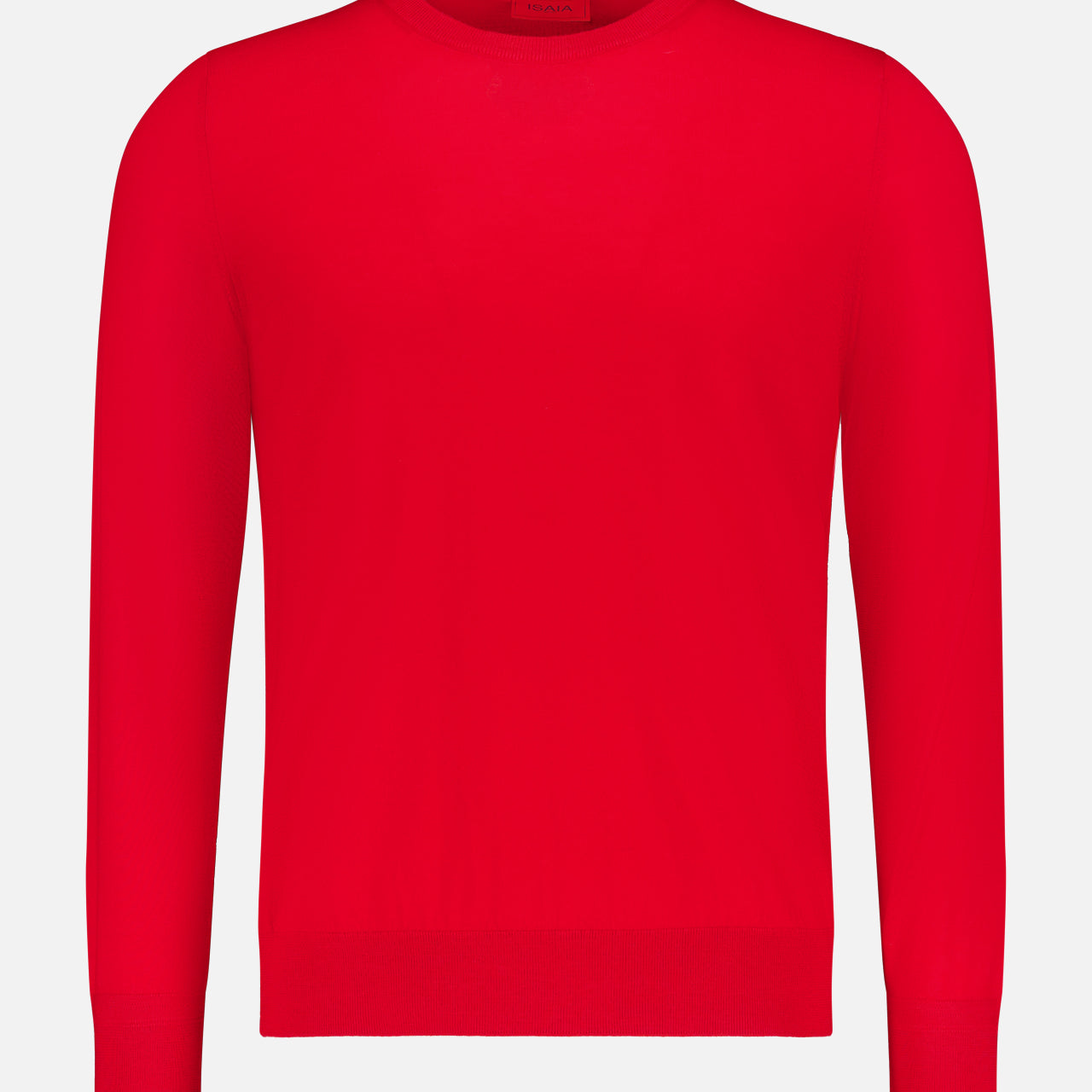The ISAIA Wool Crewneck Sweater, a pure wool men's knitwear piece in bright red, is shown against a light gray background.