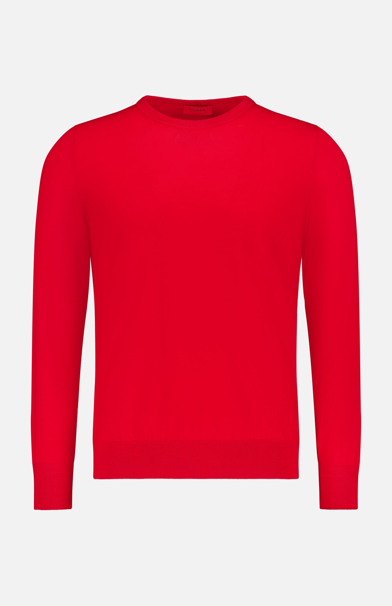 The ISAIA Wool Crewneck Sweater, a pure wool men's knitwear piece in bright red, is shown against a light gray background.
