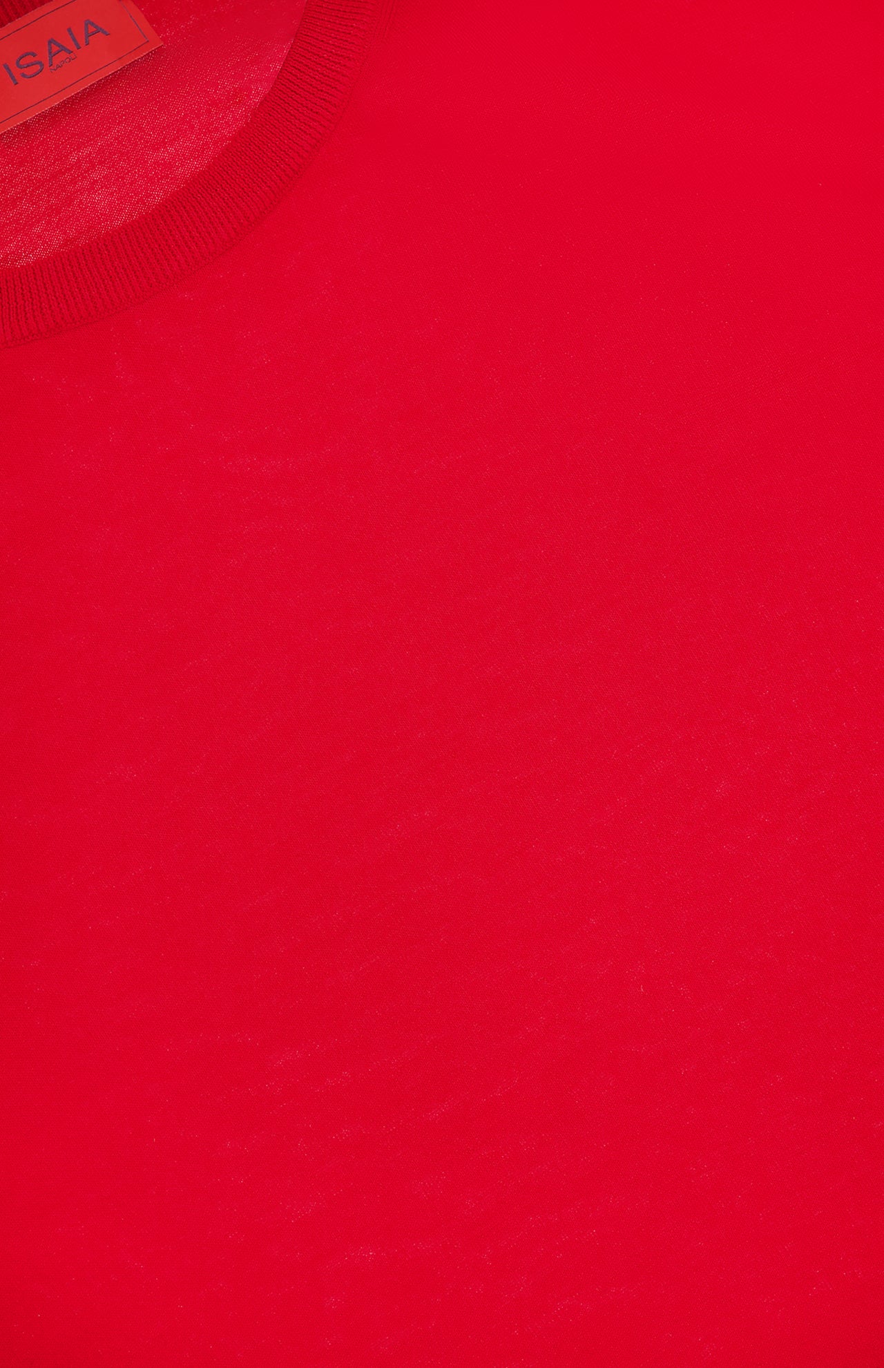 Close-up of the ISAIA Wool Crewneck Sweater in vibrant red, highlighting its textured knit and detailed stitching—ideal for men’s fashion enthusiasts. A glimpse of the clothing label near the collar is also visible.