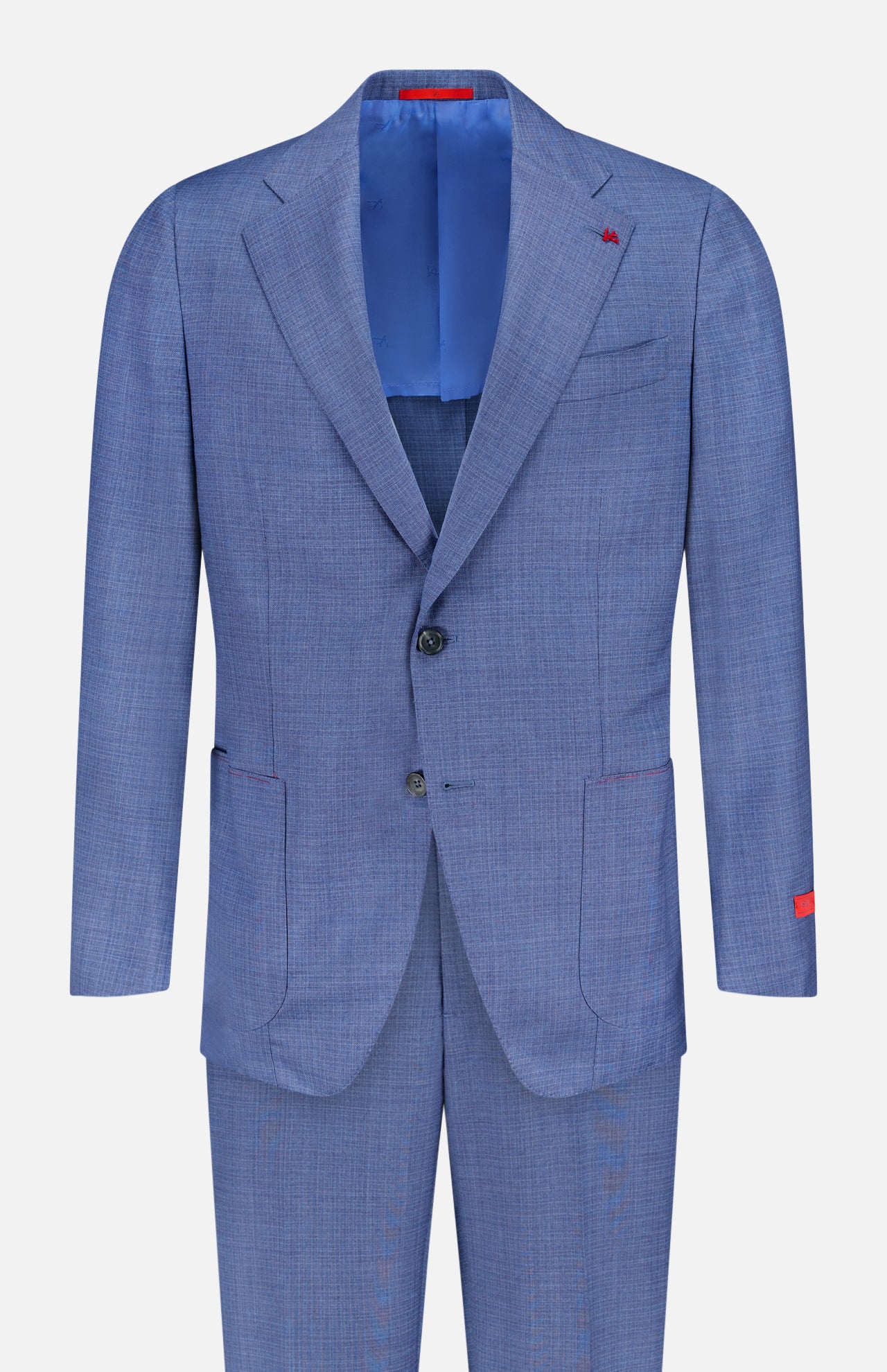 The ISAIA Delain Wool Selection Suit for men is a classic blue two-piece with notch lapels, two front buttons, patch and chest pockets, blue lining, and subtle red details on the sleeve and lapel buttonholes.