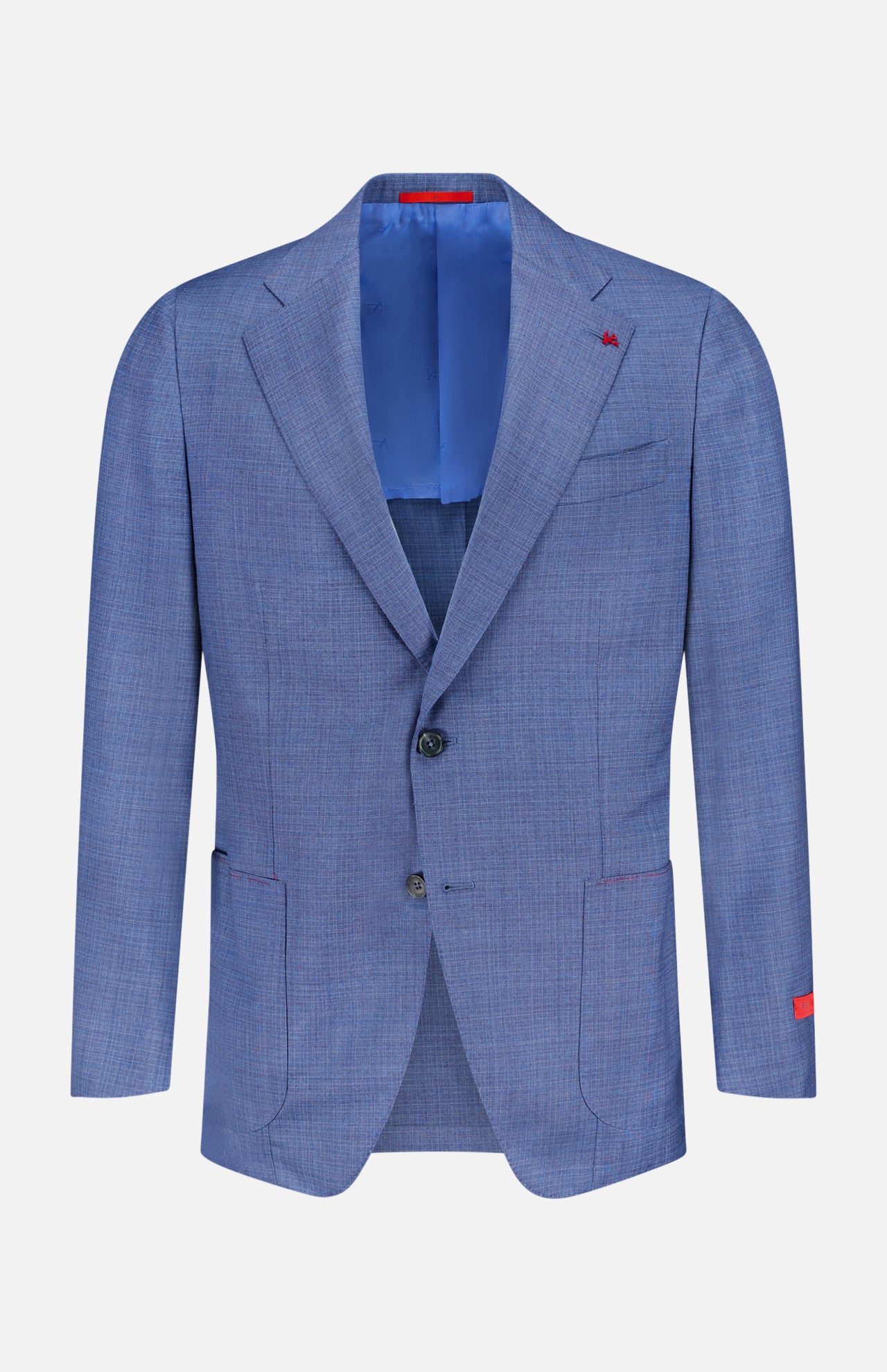 The ISAIA Delain Wool Selection Suit is a men's single-breasted blue blazer with notched lapels, two buttons, patch pockets, and blue satin lining. Red stitching accents the lapel buttonhole and sleeve cuff for a stylish touch.