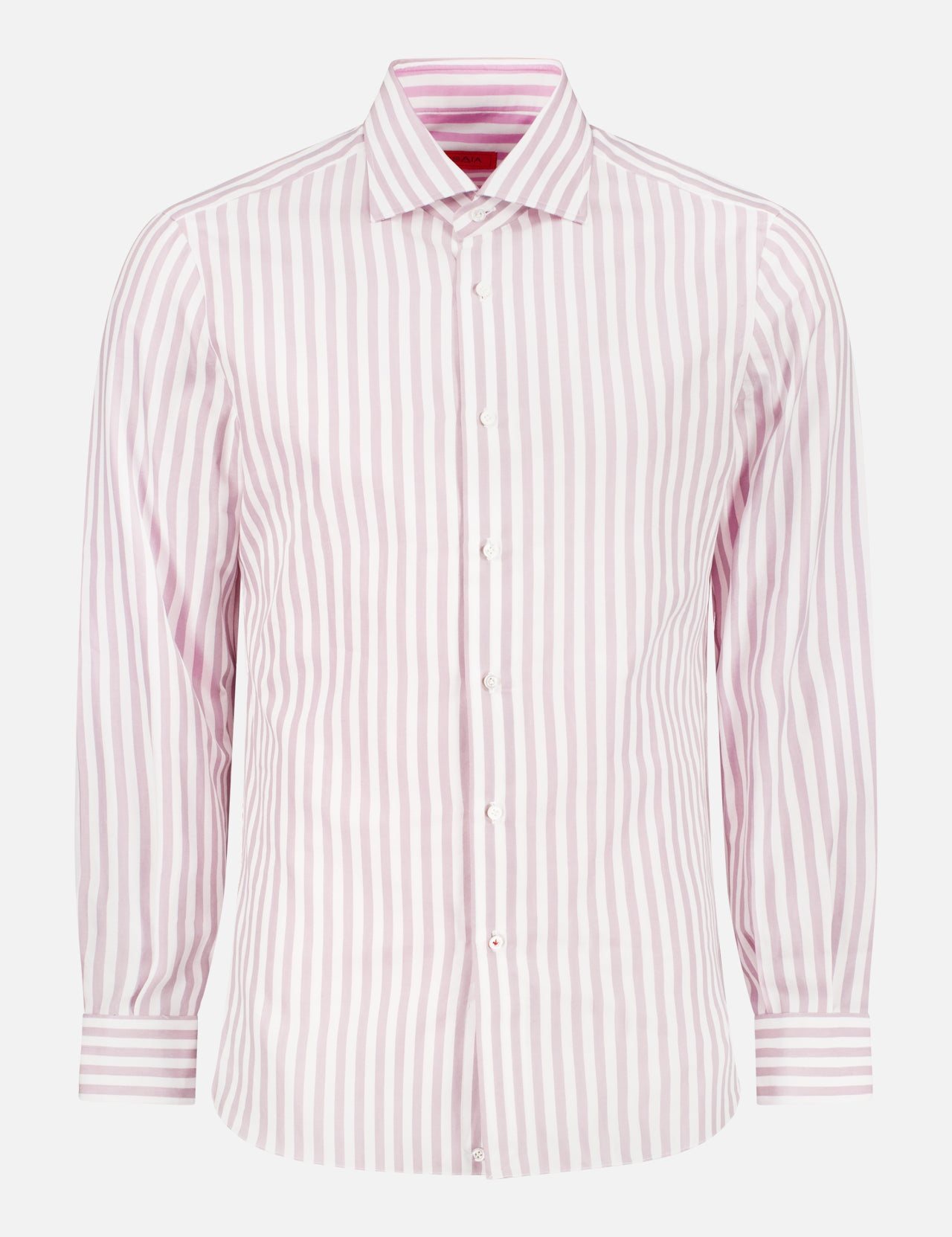 The ISAIA Double Face Stripe Dress Shirt features vertical pink and white stripes, a classic collar, and cuffed sleeves. Crafted from luxurious Italian cotton for superior comfort and style.