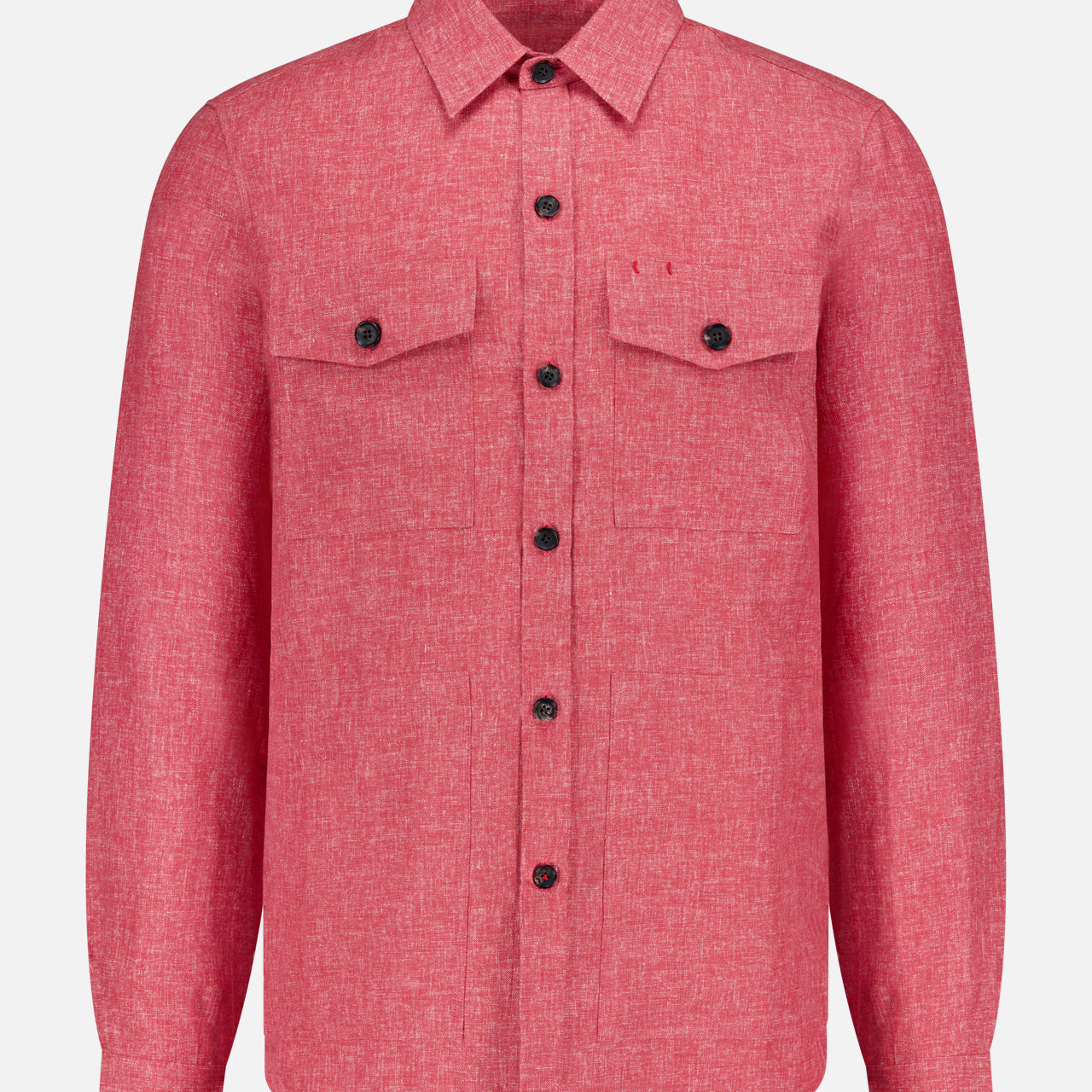 The ISAIA Double Play Woolinen Delave Overshirt is a luxury men's red long-sleeve button-up with textured fabric, black buttons, and two chest pockets with button flaps, shown on a plain white background.