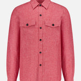 The ISAIA Double Play Woolinen Delave Overshirt is a luxury men's red long-sleeve button-up with textured fabric, black buttons, and two chest pockets with button flaps, shown on a plain white background.