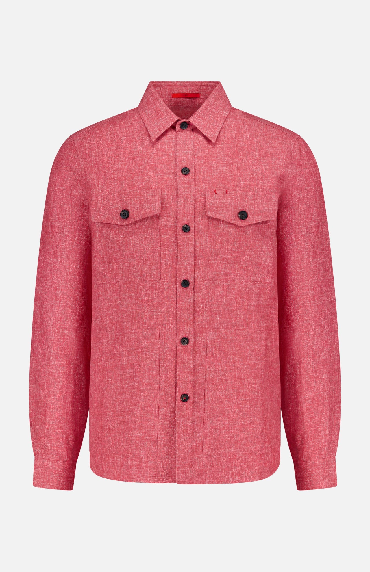 The ISAIA Double Play Woolinen Delave Overshirt is a luxury men's red long-sleeve button-up with textured fabric, black buttons, and two chest pockets with button flaps, shown on a plain white background.