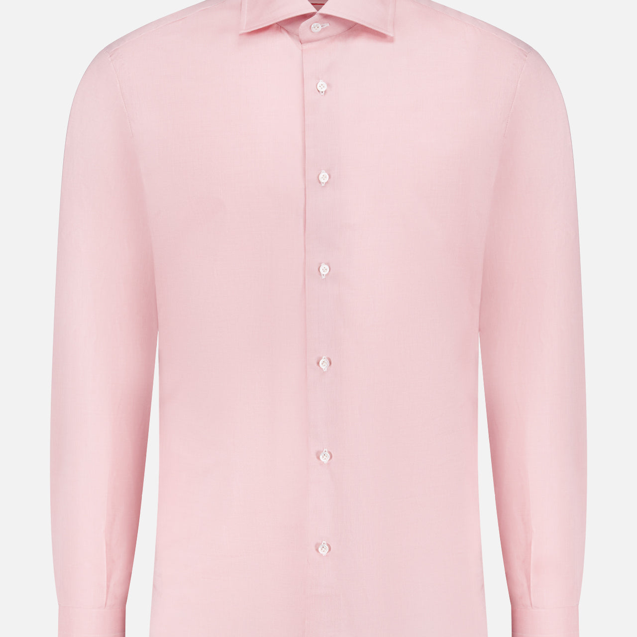 The ISAIA Egyptian Cotton Dress Shirt features a light pink hue, long sleeves, and a classic collar, all crafted from luxurious Egyptian cotton and shown on a white background.