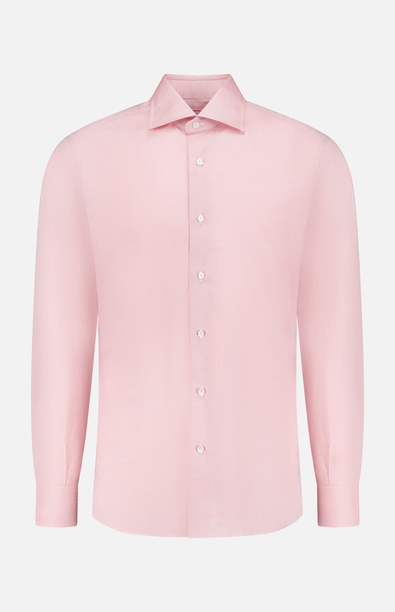 The ISAIA Egyptian Cotton Dress Shirt features a light pink hue, long sleeves, and a classic collar, all crafted from luxurious Egyptian cotton and shown on a white background.