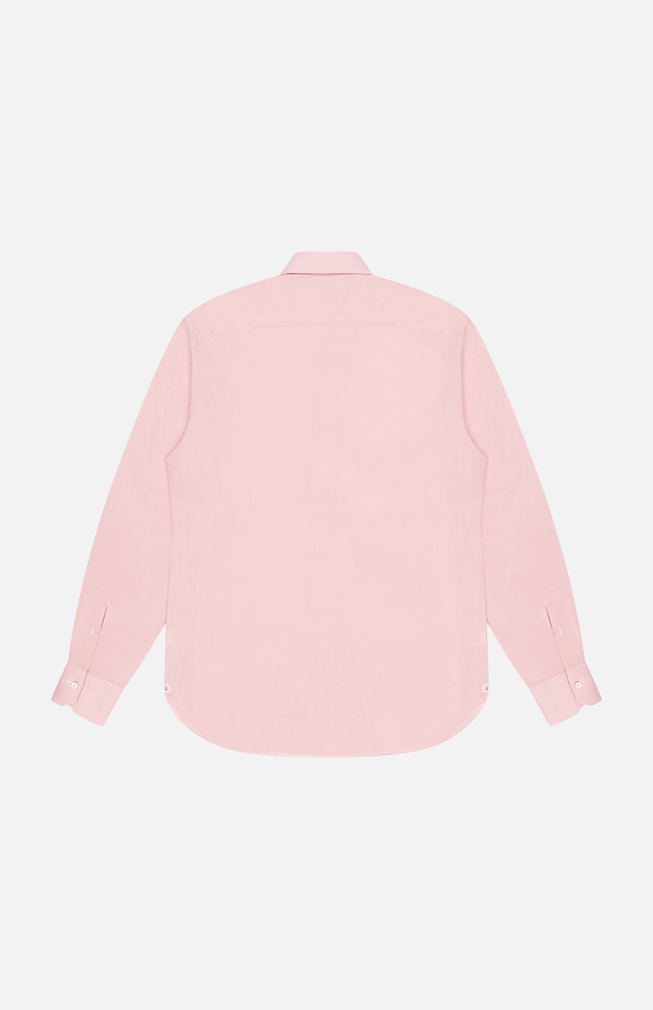 The ISAIA Egyptian Cotton Dress Shirt in light pink is shown flat, back facing up. Crafted in Italy from fine cotton, it features long sleeves, a classic collar, and buttoned cuffs on a plain white background.