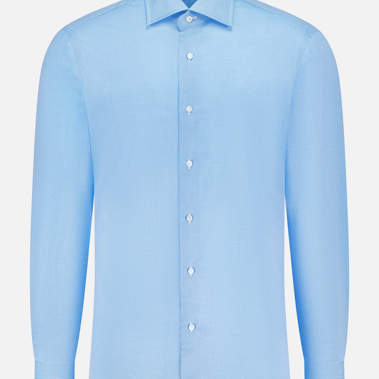 The ISAIA Egyptian Cotton Dress Shirt features a light blue hue, long sleeves, and a classic collar. Crafted from luxurious Egyptian cotton, it's showcased against a plain white background.