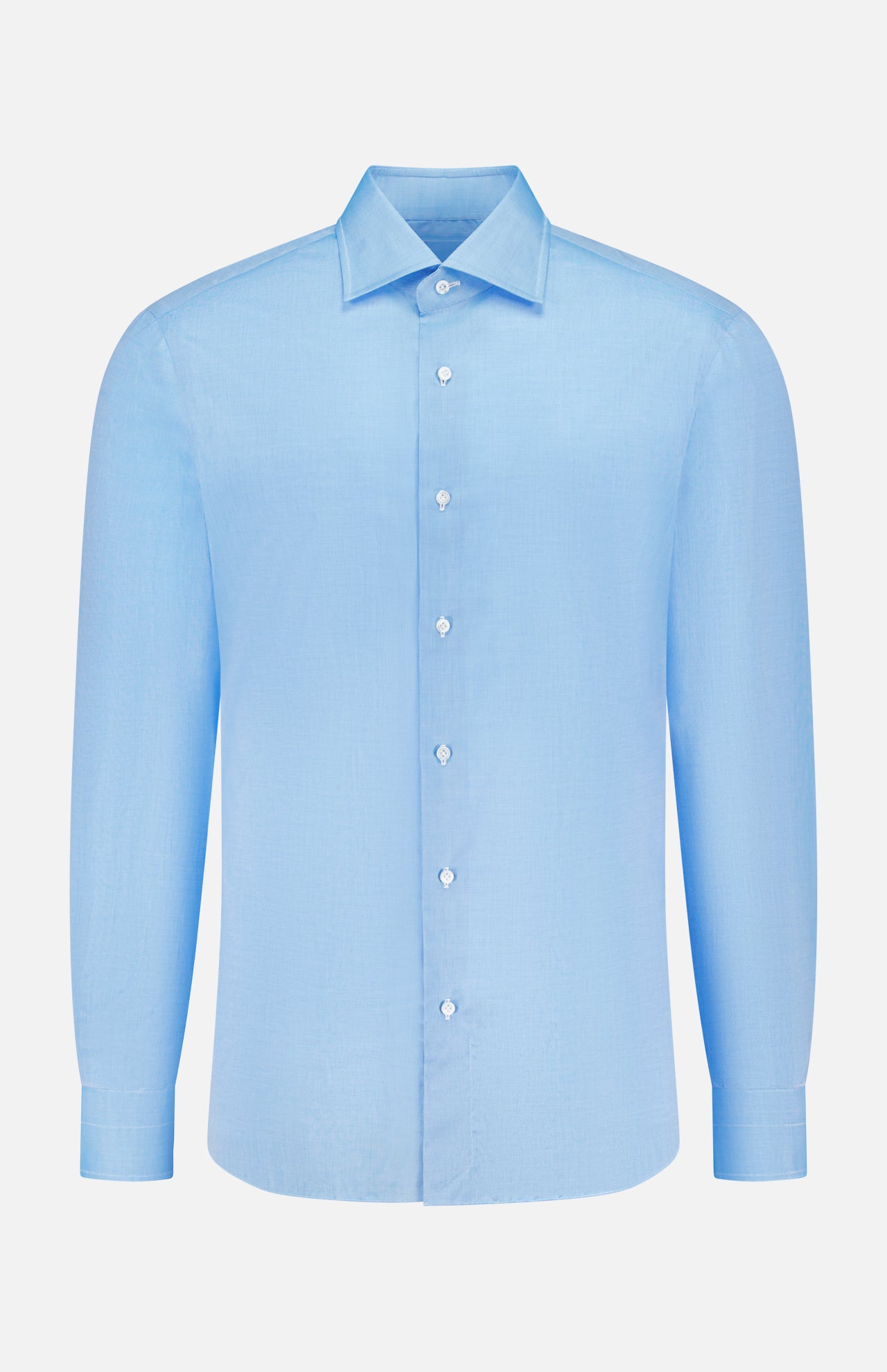 The ISAIA Egyptian Cotton Dress Shirt features a light blue hue, long sleeves, and a classic collar. Crafted from luxurious Egyptian cotton, it's showcased against a plain white background.