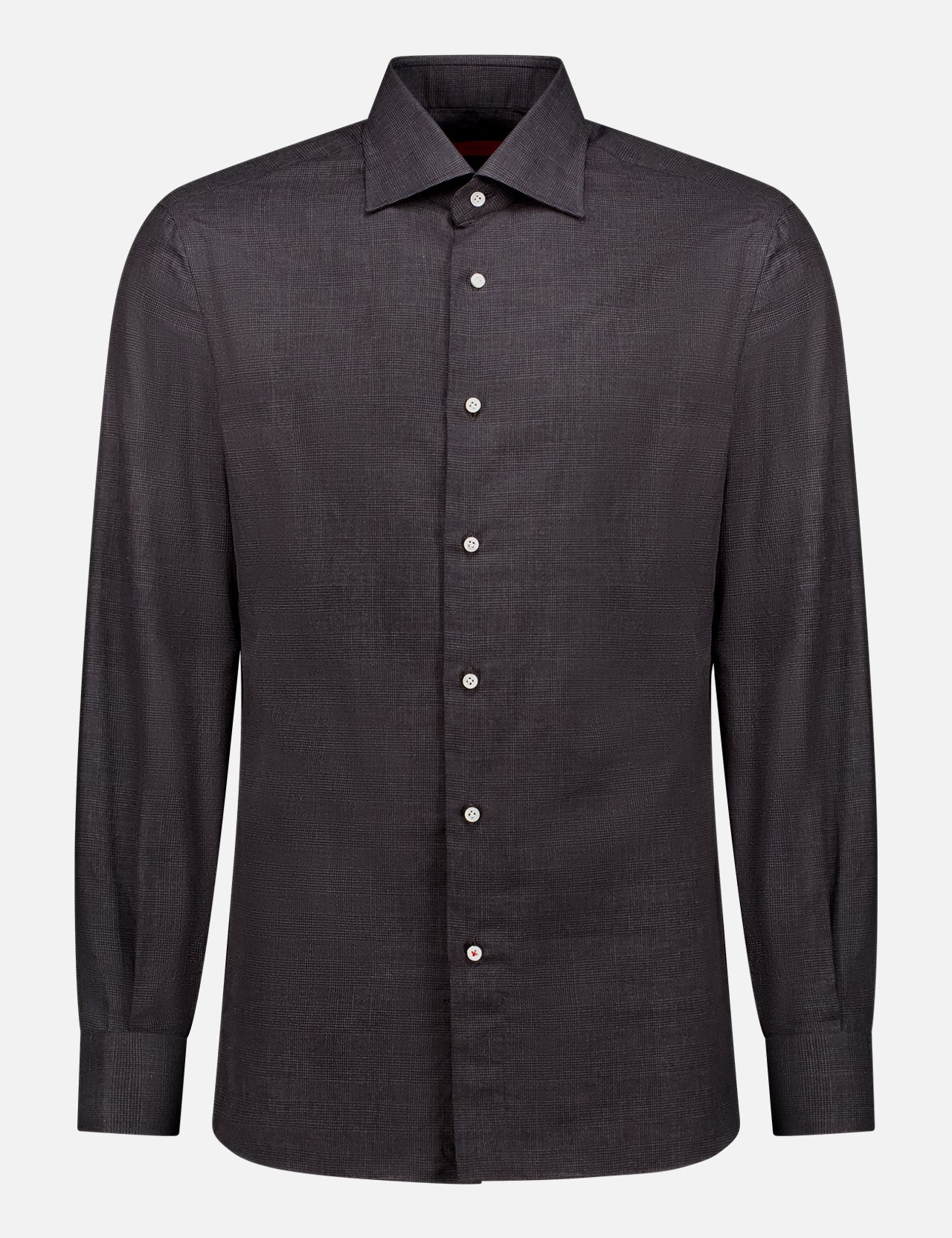 The ISAIA Galles Extra Light Flannel is a long-sleeve, button-up dark grey Italian cotton dress shirt with a pointed collar, displayed on a plain white background.