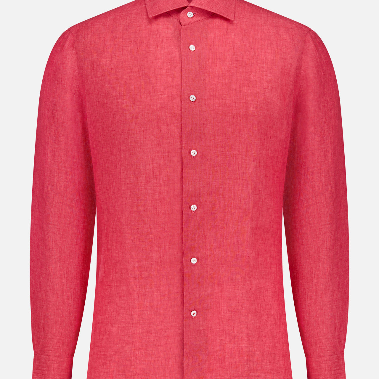The ISAIA Textured Linen Dress Shirt is a bright red, long-sleeve, button-up shirt with a classic collar and white buttons, shown against a plain white background.