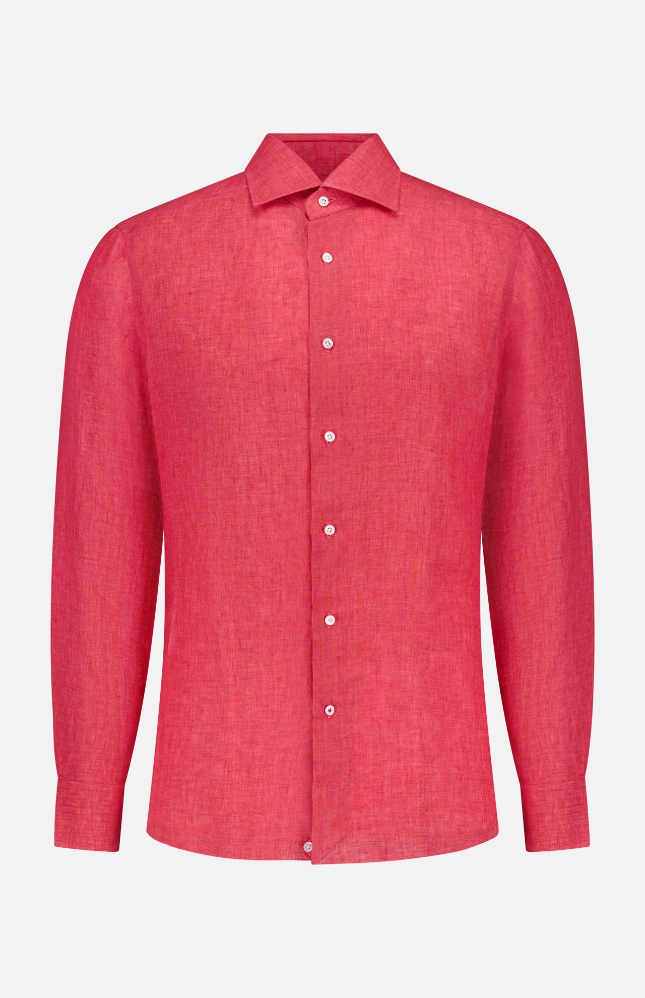 The ISAIA Textured Linen Dress Shirt is a bright red, long-sleeve, button-up shirt with a classic collar and white buttons, shown against a plain white background.