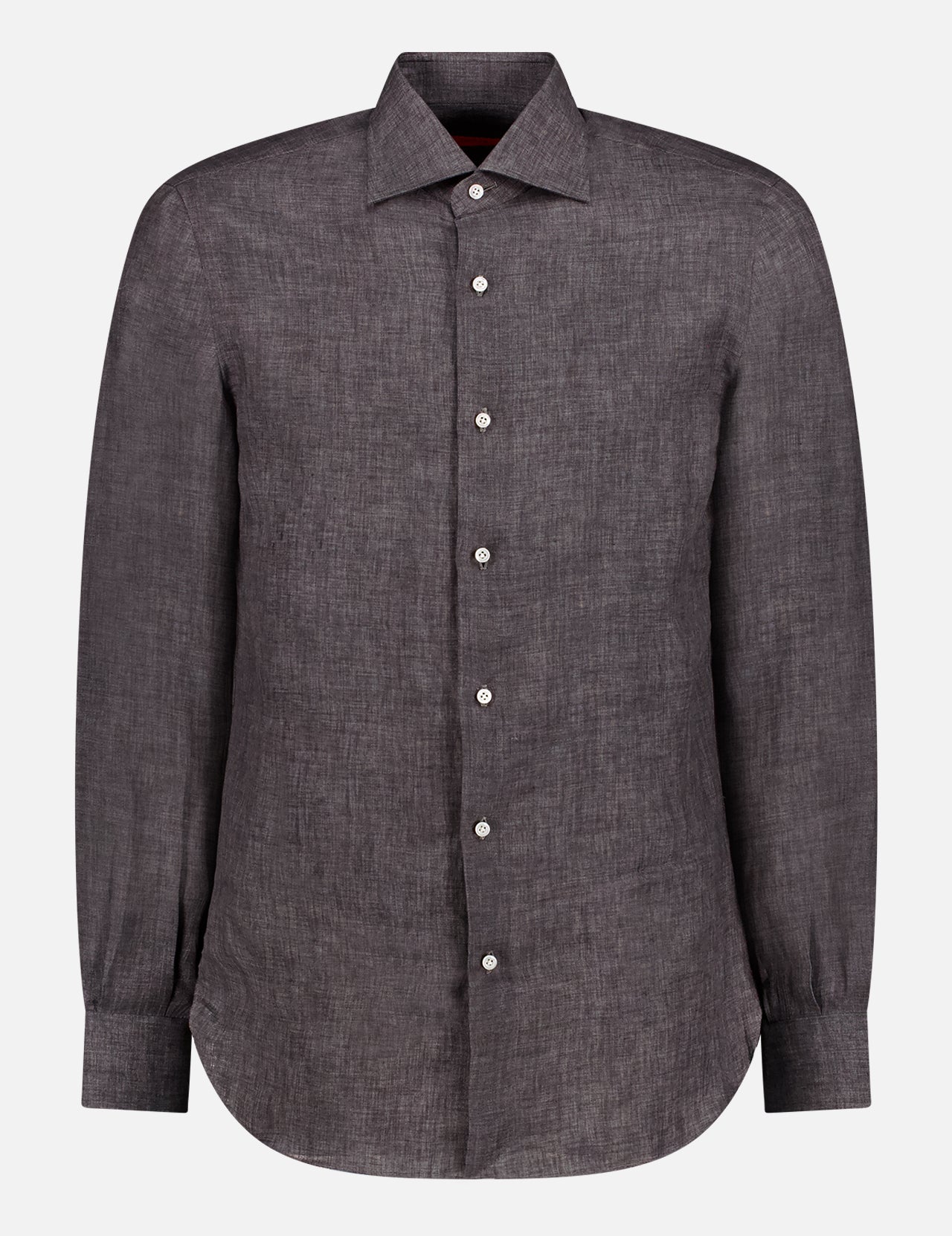 The ISAIA Lino Mistolino Shirt is a dark gray, long-sleeved linen dress shirt with a pointed collar and white buttons, made in Italy. Displayed on a plain white background.