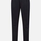 The ISAIA 150′s Timeless Casalnuovo Trouser Pant features a slim fit in black wool, designed with belt loops, side pockets, and a button closure. Expertly crafted in Italy, these trousers are showcased against a plain white background.