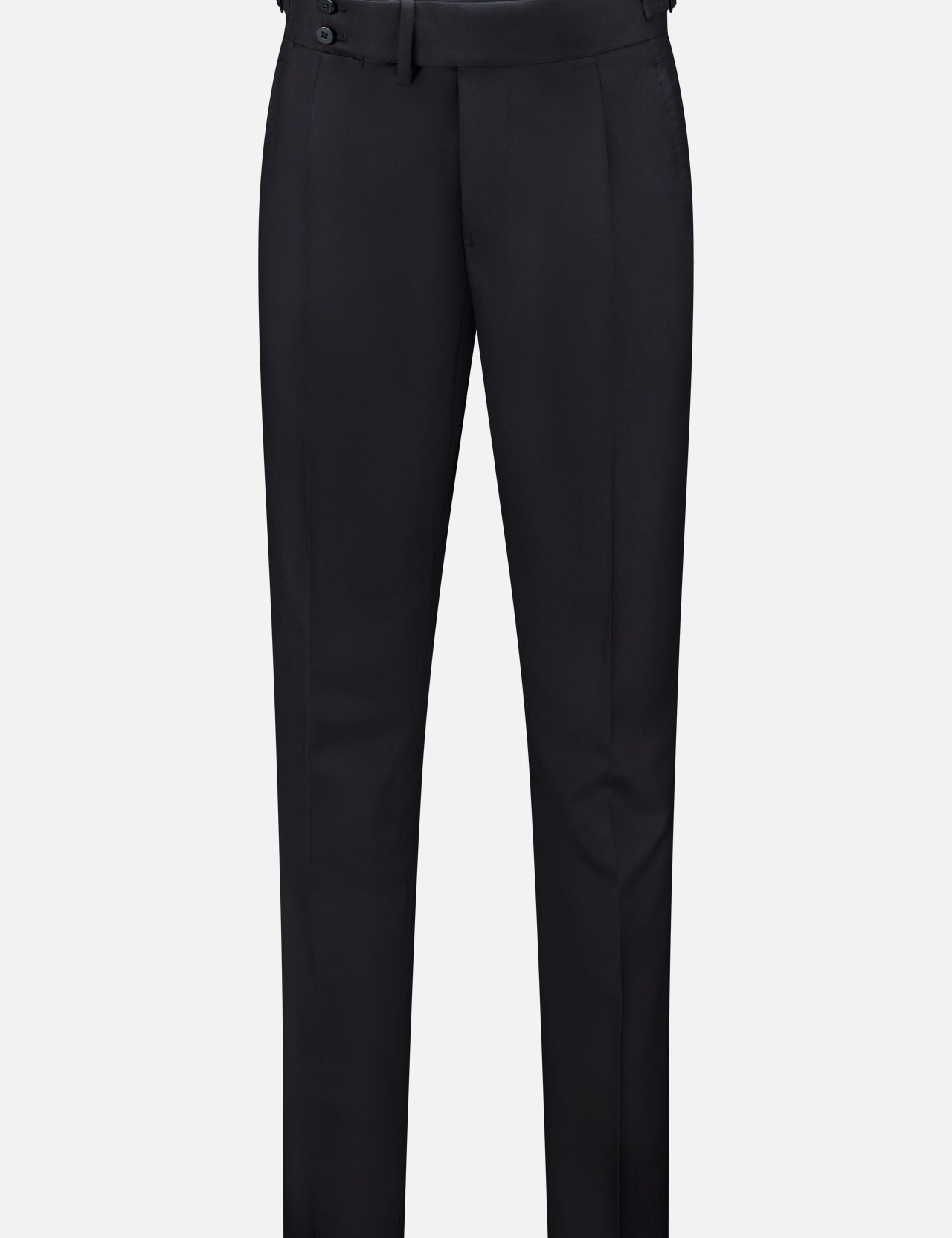 The ISAIA 150′s Timeless Casalnuovo Trouser Pant features a slim fit in black wool, designed with belt loops, side pockets, and a button closure. Expertly crafted in Italy, these trousers are showcased against a plain white background.