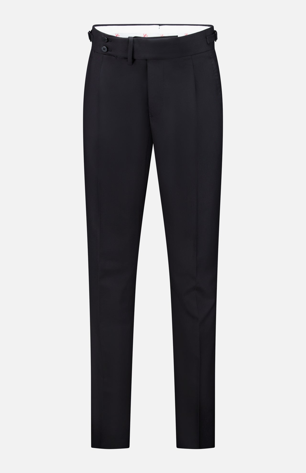 The ISAIA 150′s Timeless Casalnuovo Trouser Pant features a slim fit in black wool, designed with belt loops, side pockets, and a button closure. Expertly crafted in Italy, these trousers are showcased against a plain white background.
