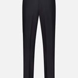 The ISAIA 150′s Timeless Casalnuovo Trouser Pant, shown from the back against a plain white background, is expertly crafted in Italy from black wool. It features two buttoned welt pockets, adjustable side tabs at the waist, and offers a tailored fit with a straight leg cut.