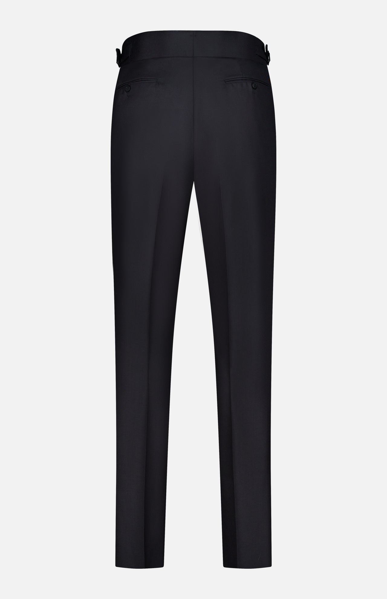 The ISAIA 150′s Timeless Casalnuovo Trouser Pant, shown from the back against a plain white background, is expertly crafted in Italy from black wool. It features two buttoned welt pockets, adjustable side tabs at the waist, and offers a tailored fit with a straight leg cut.