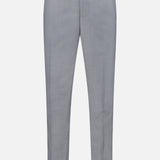 The ISAIA 150′s Timeless Casalnuovo Trouser Pant features a light grey, slim fit design with a flat front, front zipper, double-button waistband closure, and belt loops. Crafted in Italy from fine wool, these trousers are displayed against a plain white background.