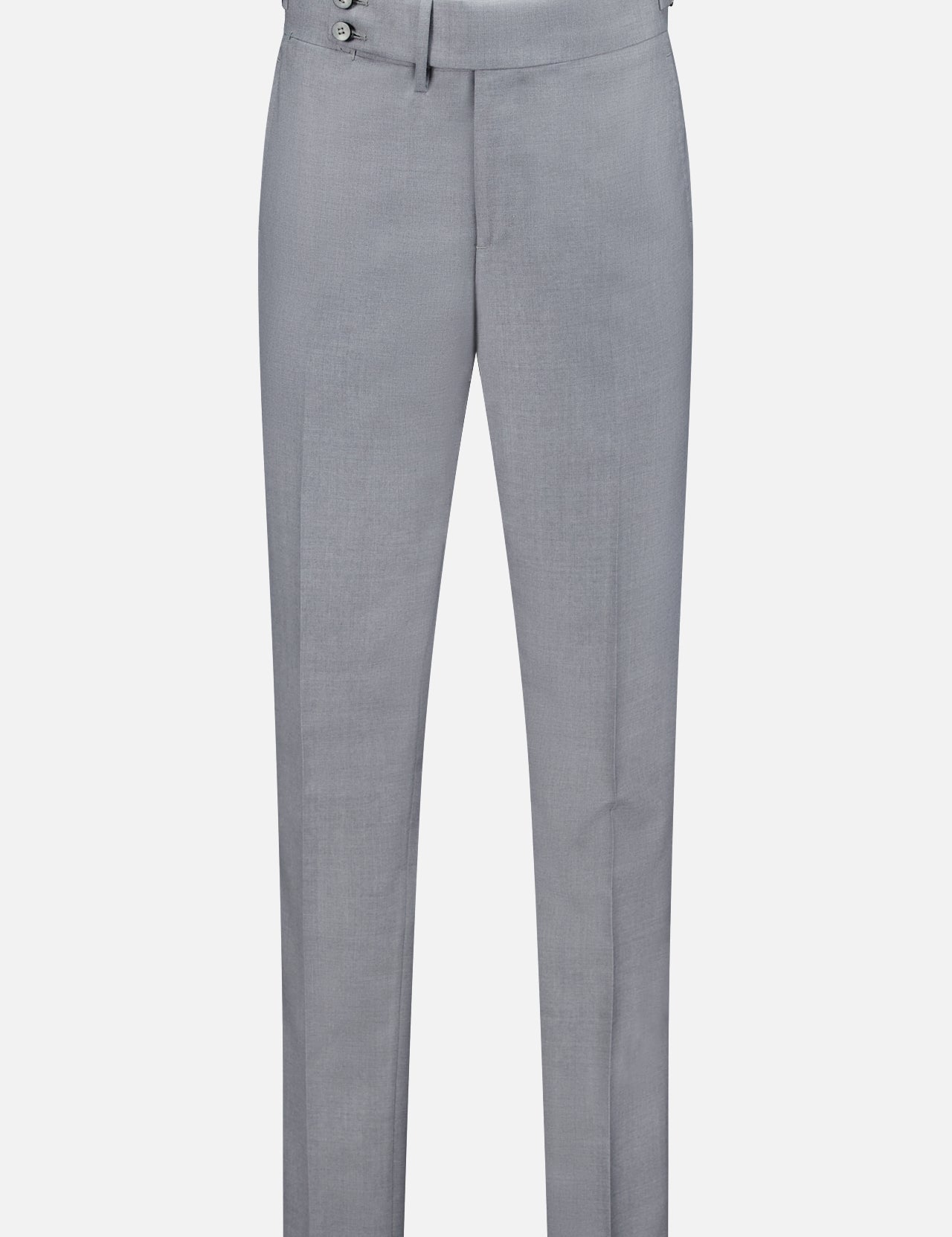 The ISAIA 150′s Timeless Casalnuovo Trouser Pant features a light grey, slim fit design with a flat front, front zipper, double-button waistband closure, and belt loops. Crafted in Italy from fine wool, these trousers are displayed against a plain white background.