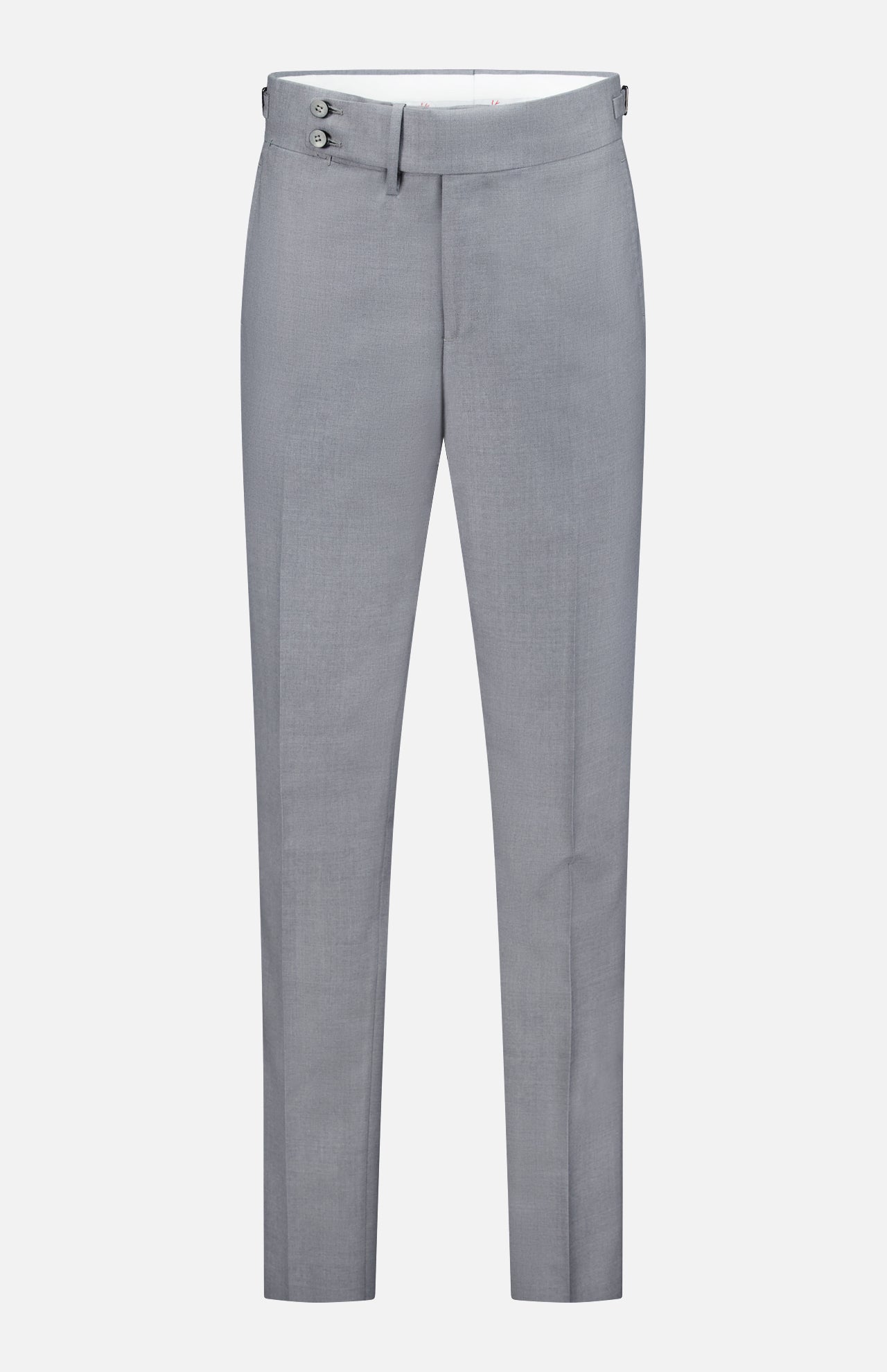 The ISAIA 150′s Timeless Casalnuovo Trouser Pant features a light grey, slim fit design with a flat front, front zipper, double-button waistband closure, and belt loops. Crafted in Italy from fine wool, these trousers are displayed against a plain white background.