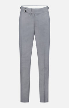 The ISAIA 150′s Timeless Casalnuovo Trouser Pant features a light grey, slim fit design with a flat front, front zipper, double-button waistband closure, and belt loops. Crafted in Italy from fine wool, these trousers are displayed against a plain white background.