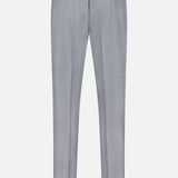 Back view of the ISAIA 150′s Timeless Casalnuovo Trouser Pant in light grey wool, featuring buttoned welt pockets, side adjusters, and a straight-leg silhouette, expertly crafted in Italy and showcased against a plain white background.