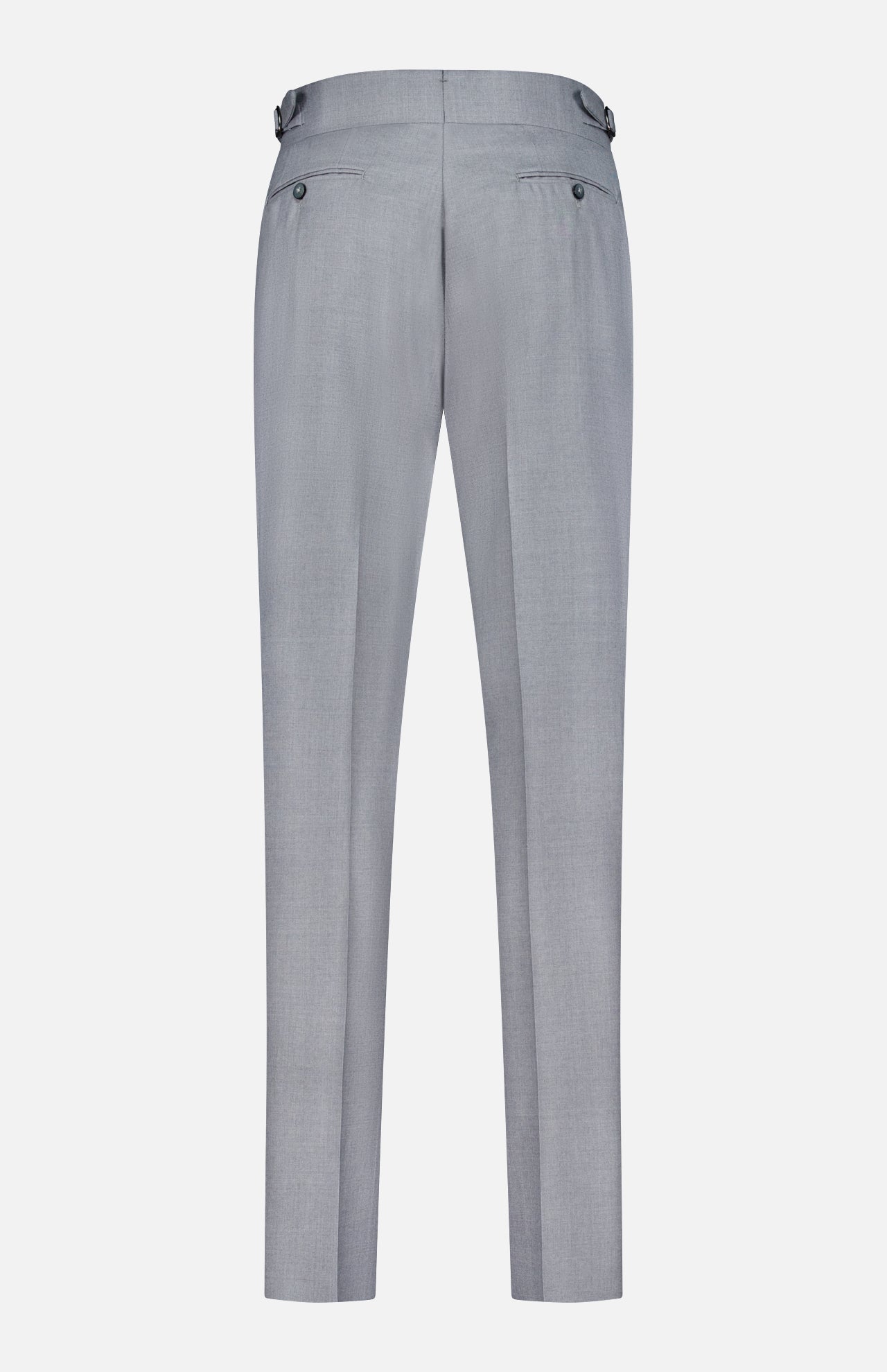 Back view of the ISAIA 150′s Timeless Casalnuovo Trouser Pant in light grey wool, featuring buttoned welt pockets, side adjusters, and a straight-leg silhouette, expertly crafted in Italy and showcased against a plain white background.