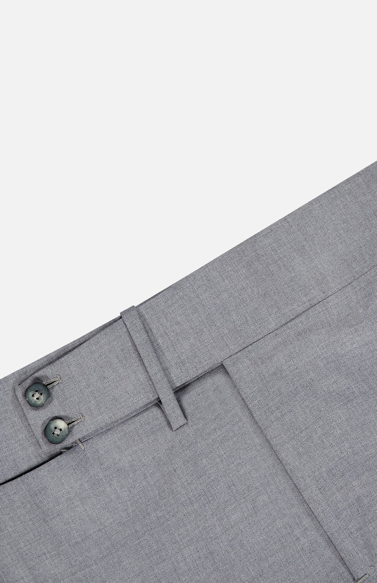 Close-up of the ISAIA 150′s Timeless Casalnuovo Trouser Pant in light grey, highlighting the waistband, dual buttons, belt loop, and part of the front pocket against a white background. Crafted in Italy from fine wool for an elegant and refined finish.