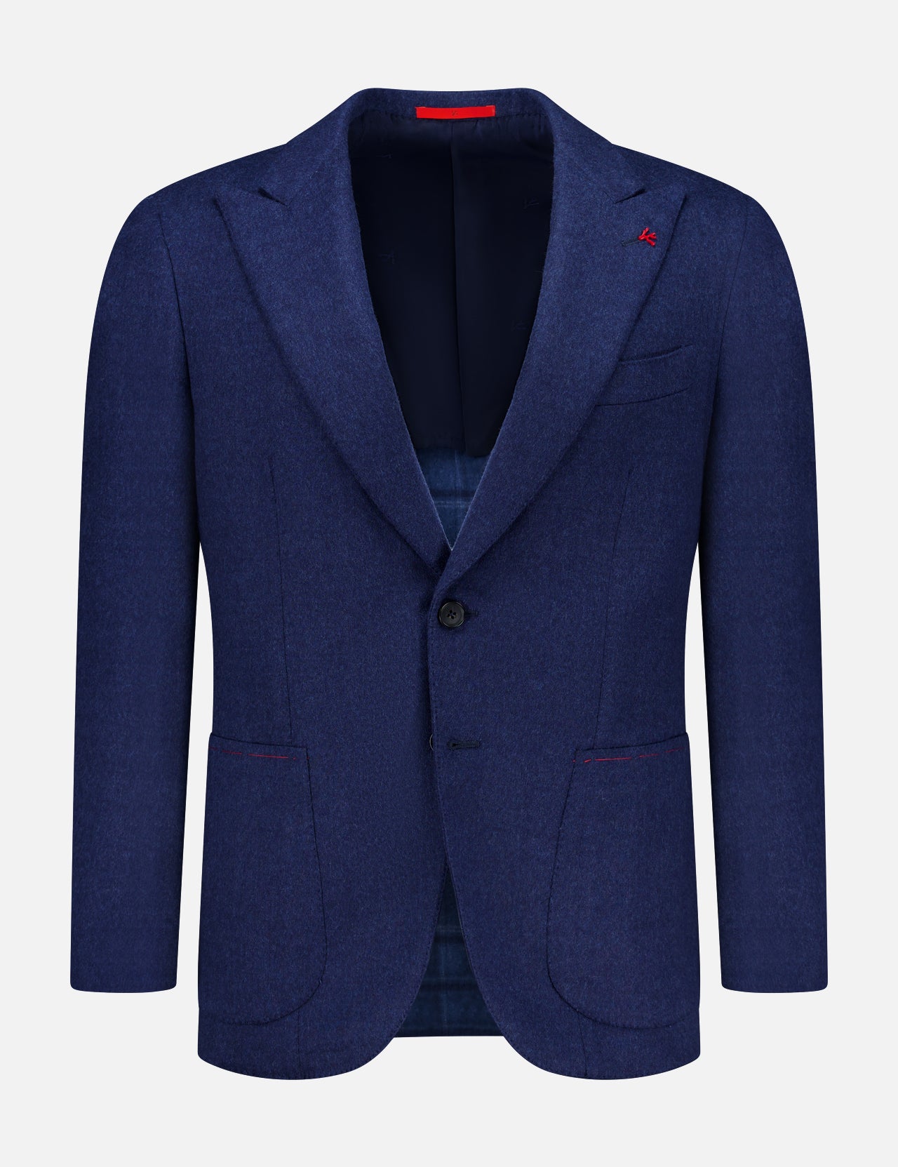 Showcased against a plain white background, the Australian Merinos Double Face Sportcoat by ISAIA is a navy blue men’s blazer crafted in Italy. This elegant wool-blend jacket features notch lapels, two front patch pockets, two-button closure, and is highlighted by a subtle red accent on the left lapel.