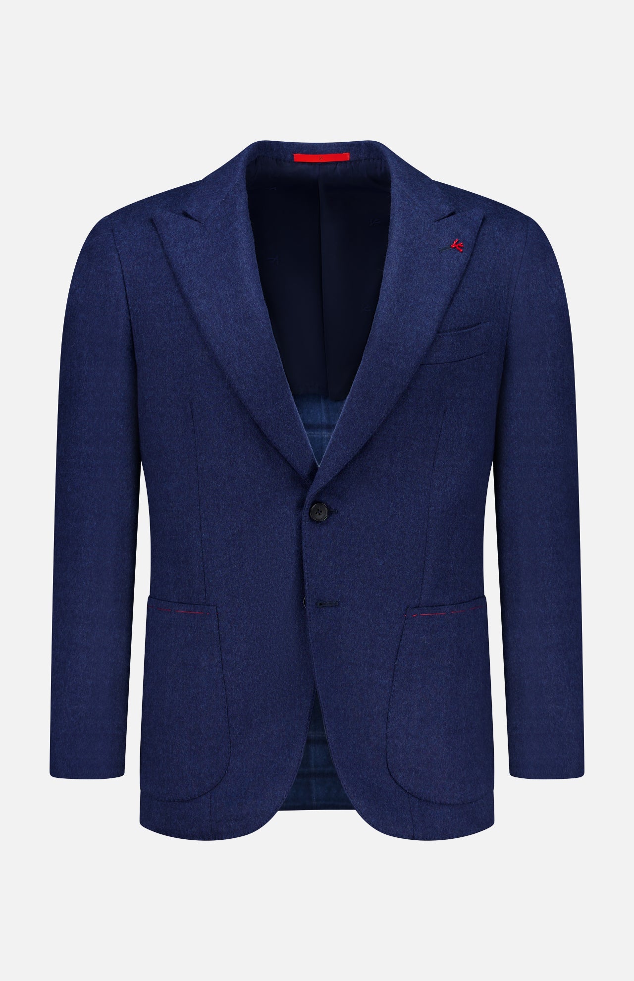 Showcased against a plain white background, the Australian Merinos Double Face Sportcoat by ISAIA is a navy blue men’s blazer crafted in Italy. This elegant wool-blend jacket features notch lapels, two front patch pockets, two-button closure, and is highlighted by a subtle red accent on the left lapel.