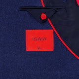 Close-up of the Australian Merinos Double Face Sportcoat by ISAIA, featuring a navy wool-blend lining with a red-bordered pocket, red button, and a red label reading ISAIA in blue letters. This elegant sportcoat is expertly made in Italy.