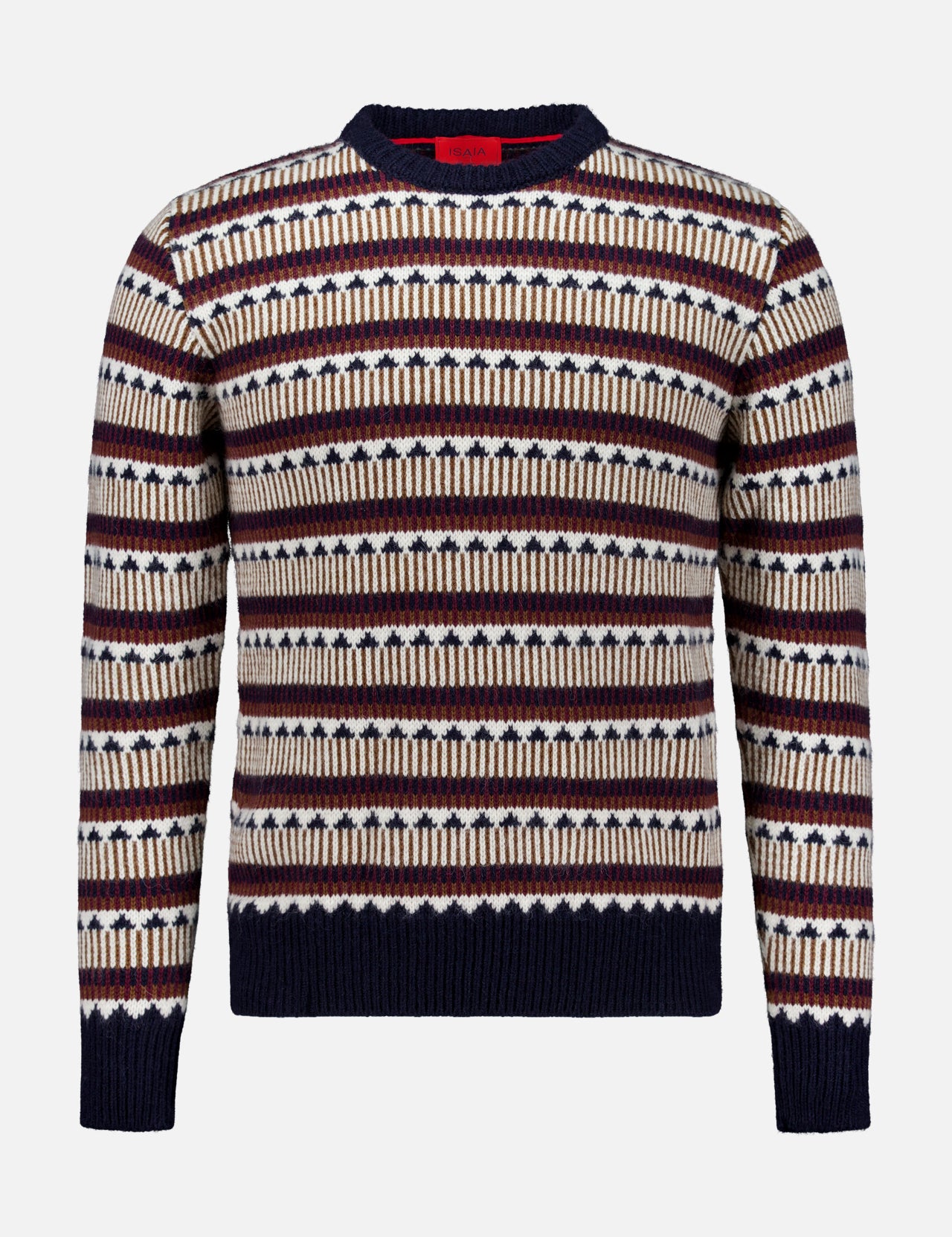 Introducing the Bliss Wool and Alpaca Sweater by ISAIA—this long-sleeve knitted piece features a classic crew neckline and ribbed cuffs and hem. Showcasing horizontal stripes in navy blue, cream, and brown tones, this multicolored sweater combines timeless style with cozy comfort.