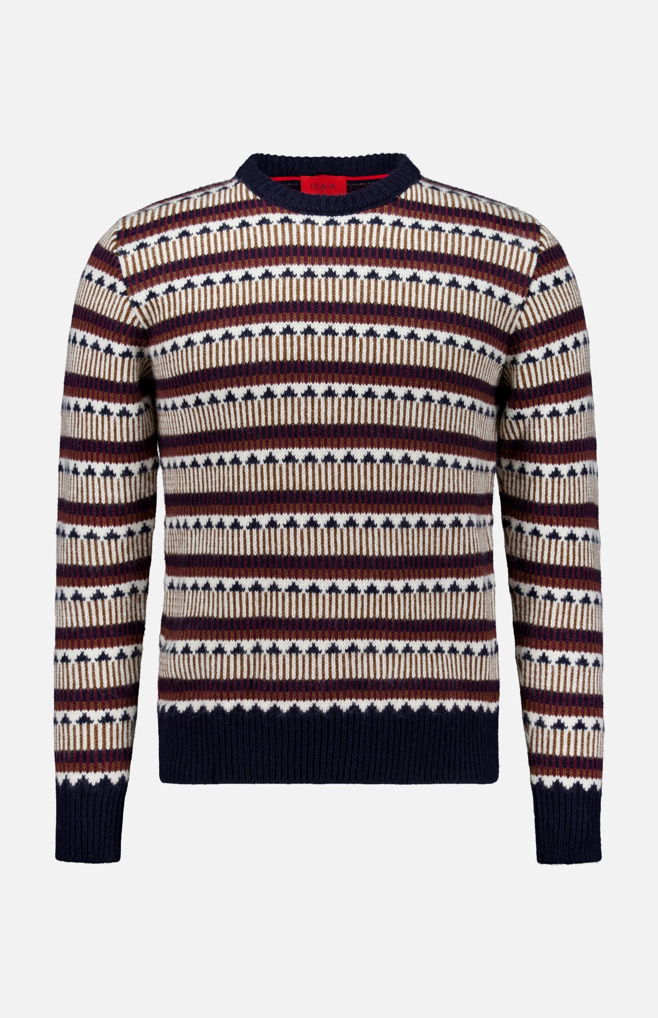 Introducing the Bliss Wool and Alpaca Sweater by ISAIA—this long-sleeve knitted piece features a classic crew neckline and ribbed cuffs and hem. Showcasing horizontal stripes in navy blue, cream, and brown tones, this multicolored sweater combines timeless style with cozy comfort.