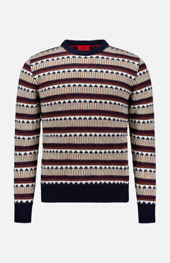 Introducing the Bliss Wool and Alpaca Sweater by ISAIA—this long-sleeve knitted piece features a classic crew neckline and ribbed cuffs and hem. Showcasing horizontal stripes in navy blue, cream, and brown tones, this multicolored sweater combines timeless style with cozy comfort.