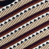 A close-up of the Bliss Wool and Alpaca Sweater by ISAIA, showcasing its multicolored diagonal stripes in white, brown, maroon, and black. This crew neck sweater features a ribbed black collar and a visible red tag at the neckline.
