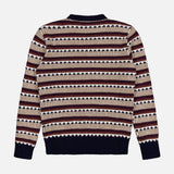 The Bliss Wool and Alpaca Sweater by ISAIA, shown laid flat on a white background, features navy, cream, and burgundy horizontal geometric patterns with ribbed cuffs, hem, and a crew neck collar.