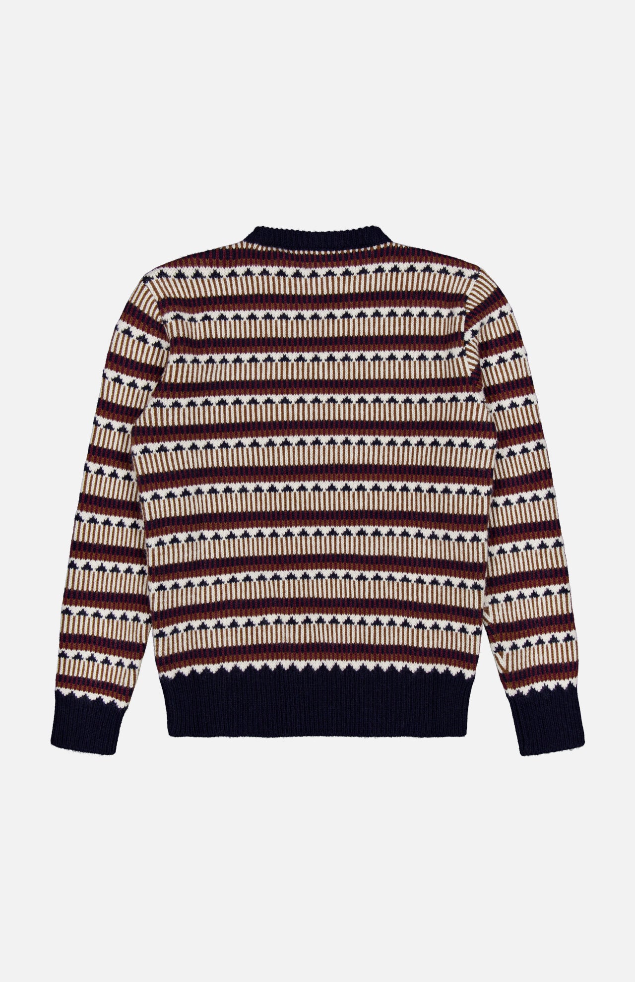The Bliss Wool and Alpaca Sweater by ISAIA, shown laid flat on a white background, features navy, cream, and burgundy horizontal geometric patterns with ribbed cuffs, hem, and a crew neck collar.