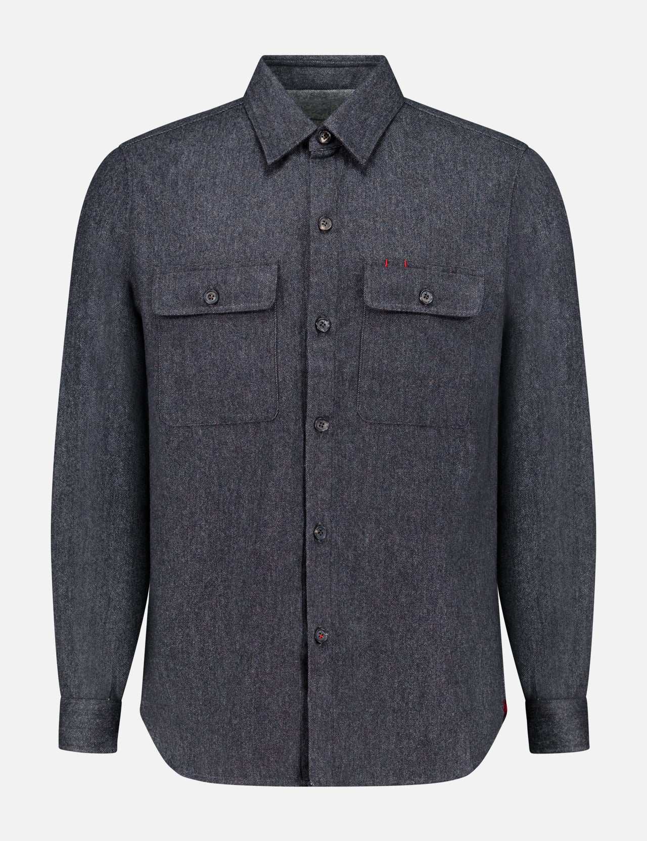 The ISAIA Cashmere Denim Effect Overshirt—a long-sleeve, button-up dark gray shirt featuring a collar and two chest pockets with buttoned flaps, crafted in luxurious cashmere for elevated men’s layering—is displayed on a plain white background.